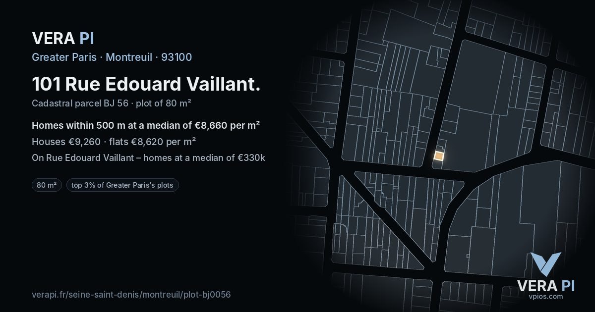 101 Rue Edouard Vaillant, Montreuil at night – the plot lit, the parcels around coloured by the prices near them