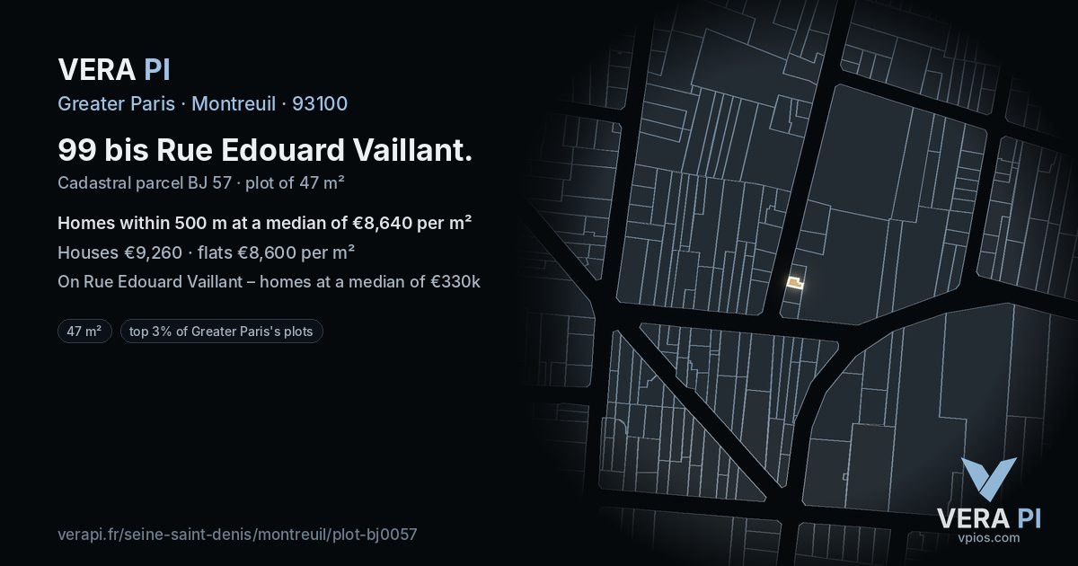 99 bis Rue Edouard Vaillant, Montreuil at night – the plot lit, the parcels around coloured by the prices near them