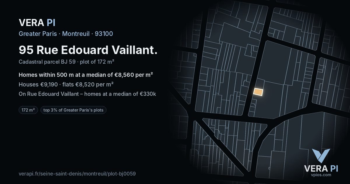 95 Rue Edouard Vaillant, Montreuil at night – the plot lit, the parcels around coloured by the prices near them