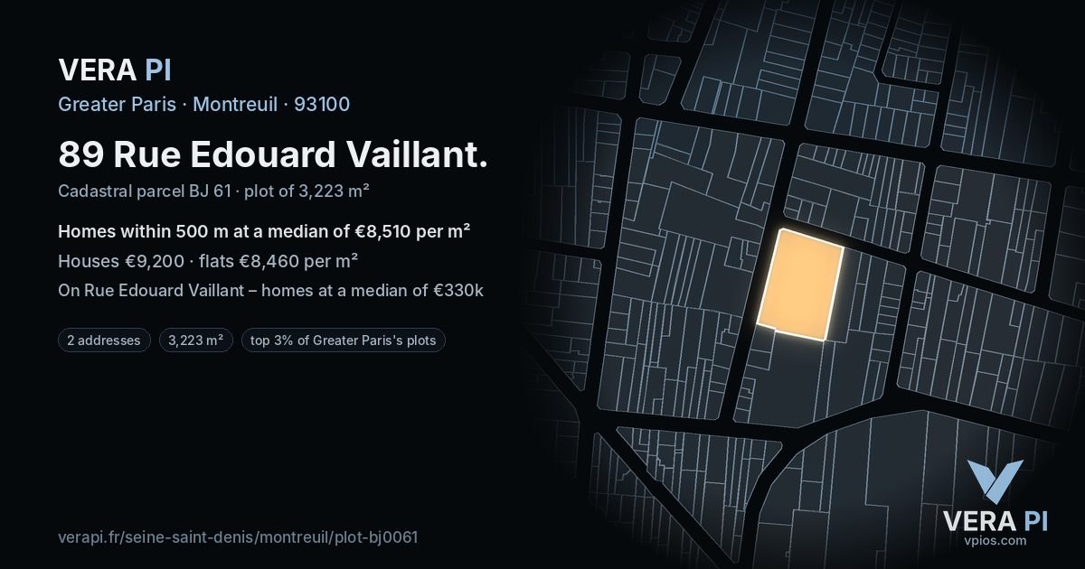 89 Rue Edouard Vaillant, Montreuil at night – the plot lit, the parcels around coloured by the prices near them