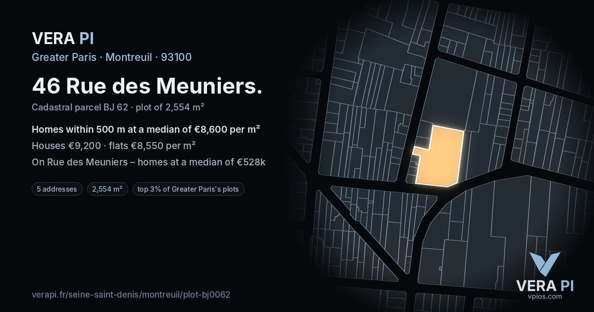 46 Rue des Meuniers, Montreuil at night – the plot lit, the parcels around coloured by the prices near them