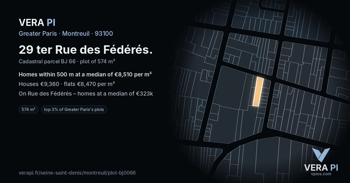 29 ter Rue des Fédérés, Montreuil at night – the plot lit, the parcels around coloured by the prices near them