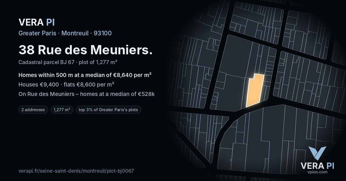 38 Rue des Meuniers, Montreuil at night – the plot lit, the parcels around coloured by the prices near them