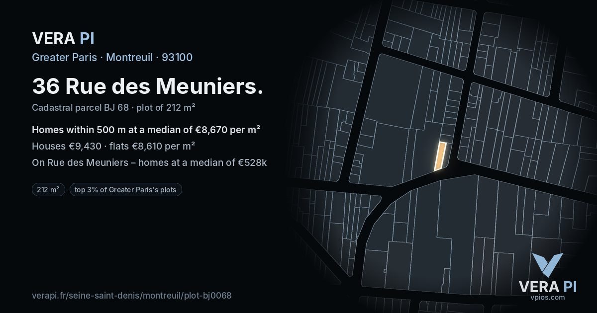 36 Rue des Meuniers, Montreuil at night – the plot lit, the parcels around coloured by the prices near them
