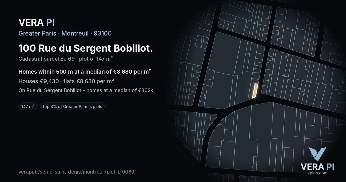 100 Rue du Sergent Bobillot, Montreuil at night – the plot lit, the parcels around coloured by the prices near them