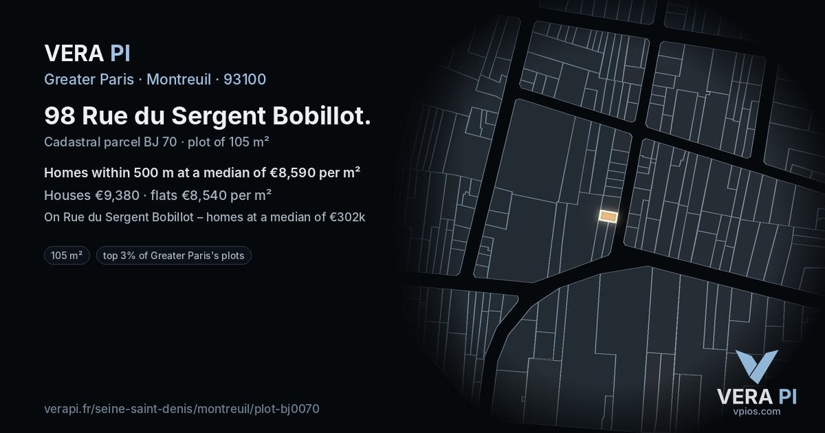 98 Rue du Sergent Bobillot, Montreuil at night – the plot lit, the parcels around coloured by the prices near them