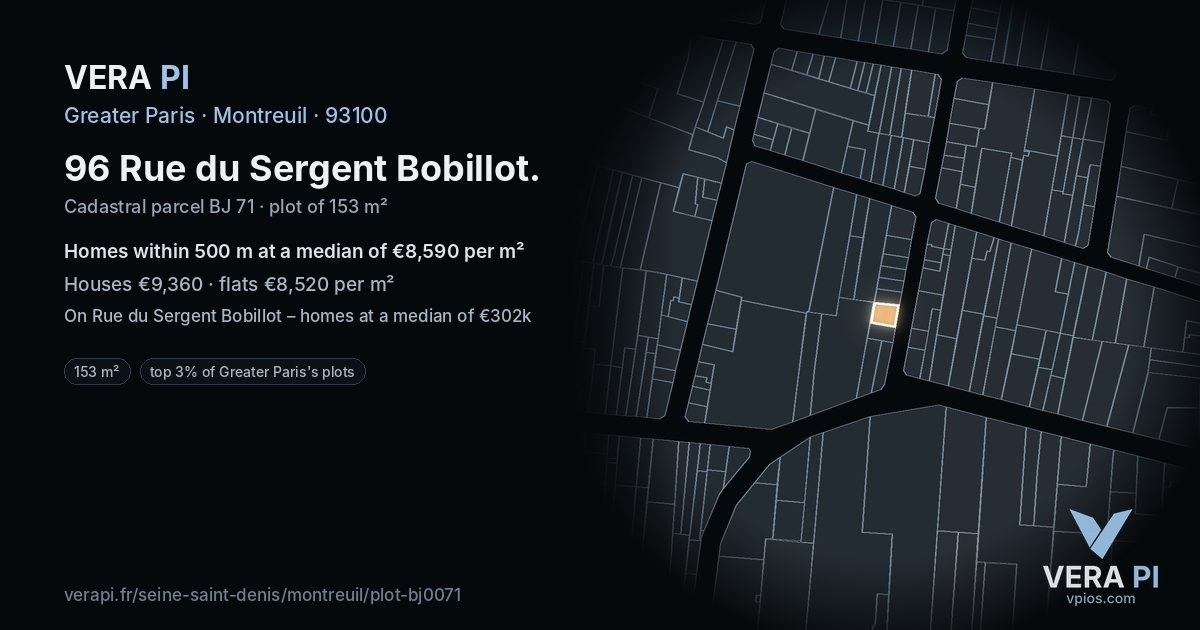 96 Rue du Sergent Bobillot, Montreuil at night – the plot lit, the parcels around coloured by the prices near them