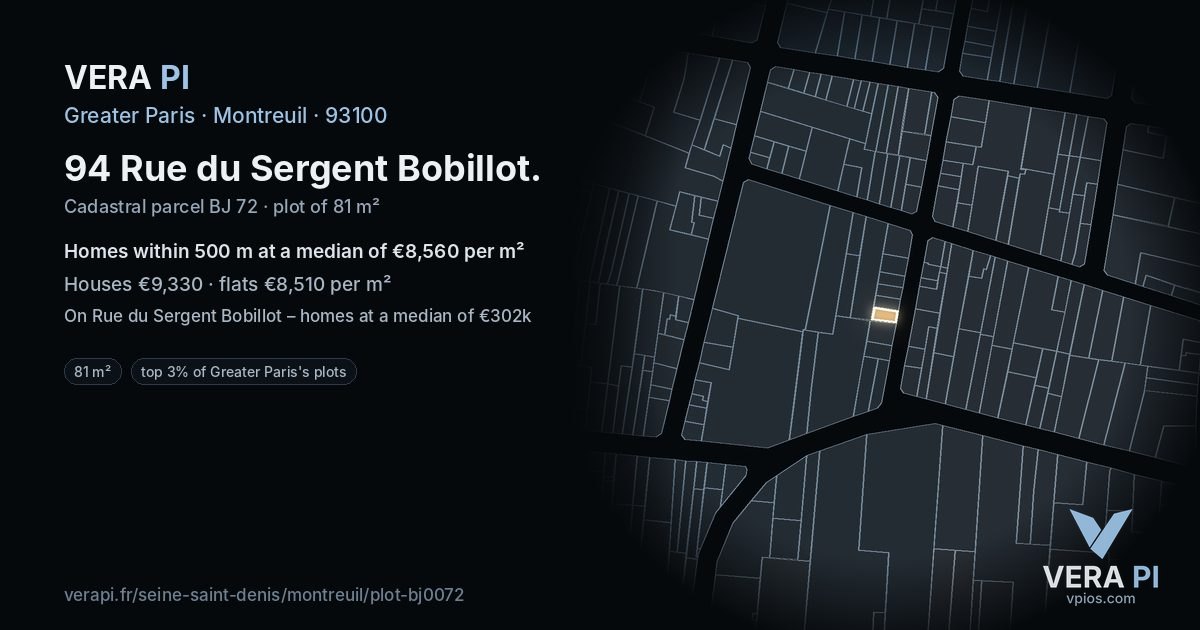 94 Rue du Sergent Bobillot, Montreuil at night – the plot lit, the parcels around coloured by the prices near them