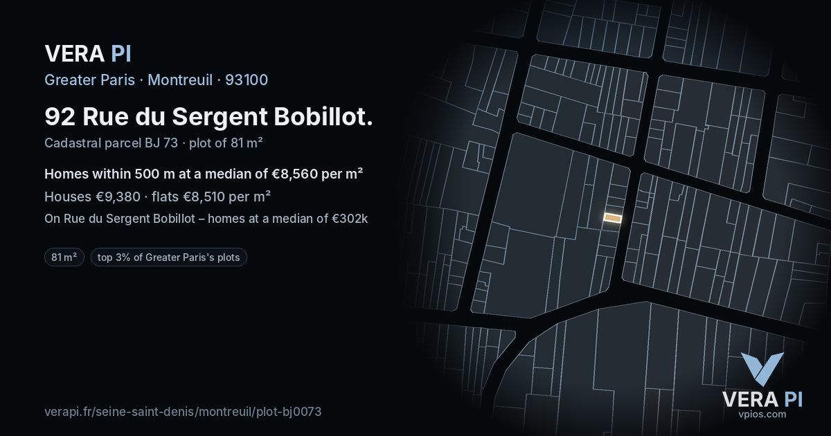 92 Rue du Sergent Bobillot, Montreuil at night – the plot lit, the parcels around coloured by the prices near them