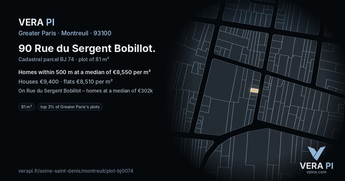 90 Rue du Sergent Bobillot, Montreuil at night – the plot lit, the parcels around coloured by the prices near them