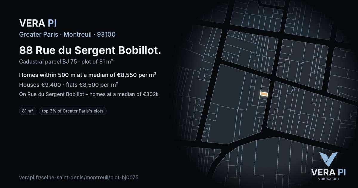 88 Rue du Sergent Bobillot, Montreuil at night – the plot lit, the parcels around coloured by the prices near them