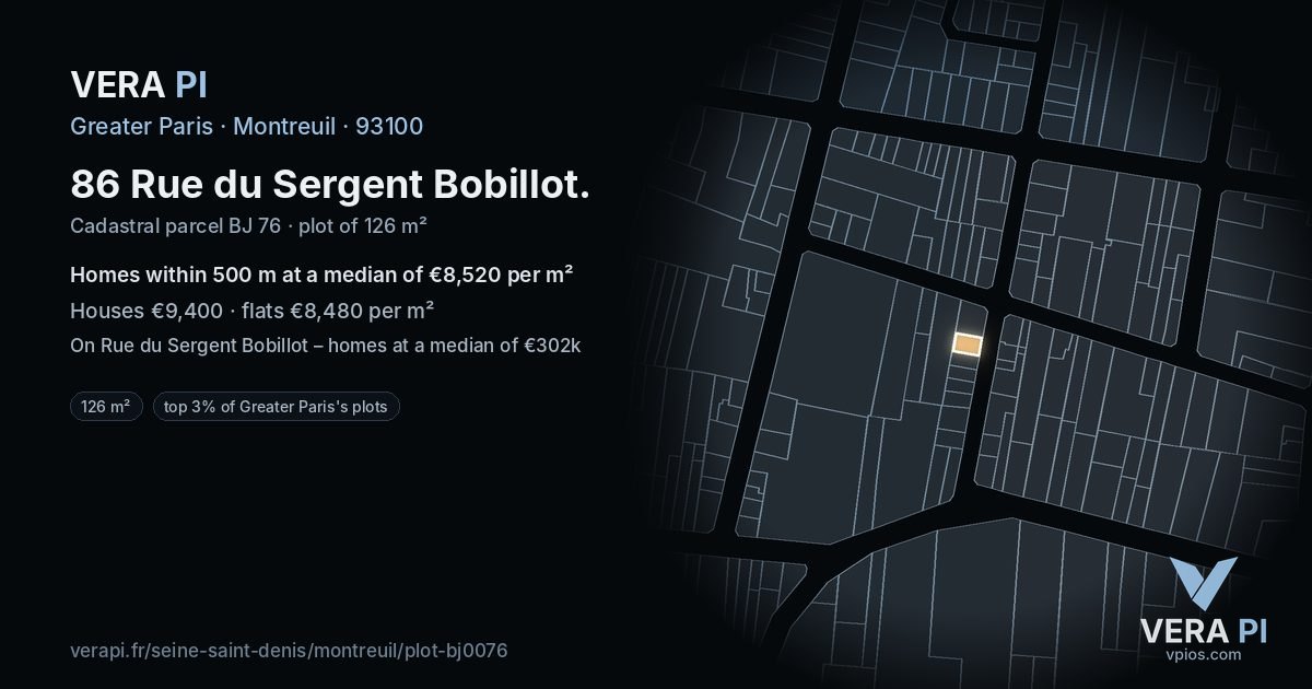 86 Rue du Sergent Bobillot, Montreuil at night – the plot lit, the parcels around coloured by the prices near them