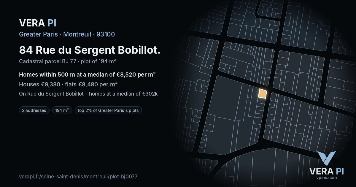 84 Rue du Sergent Bobillot, Montreuil at night – the plot lit, the parcels around coloured by the prices near them