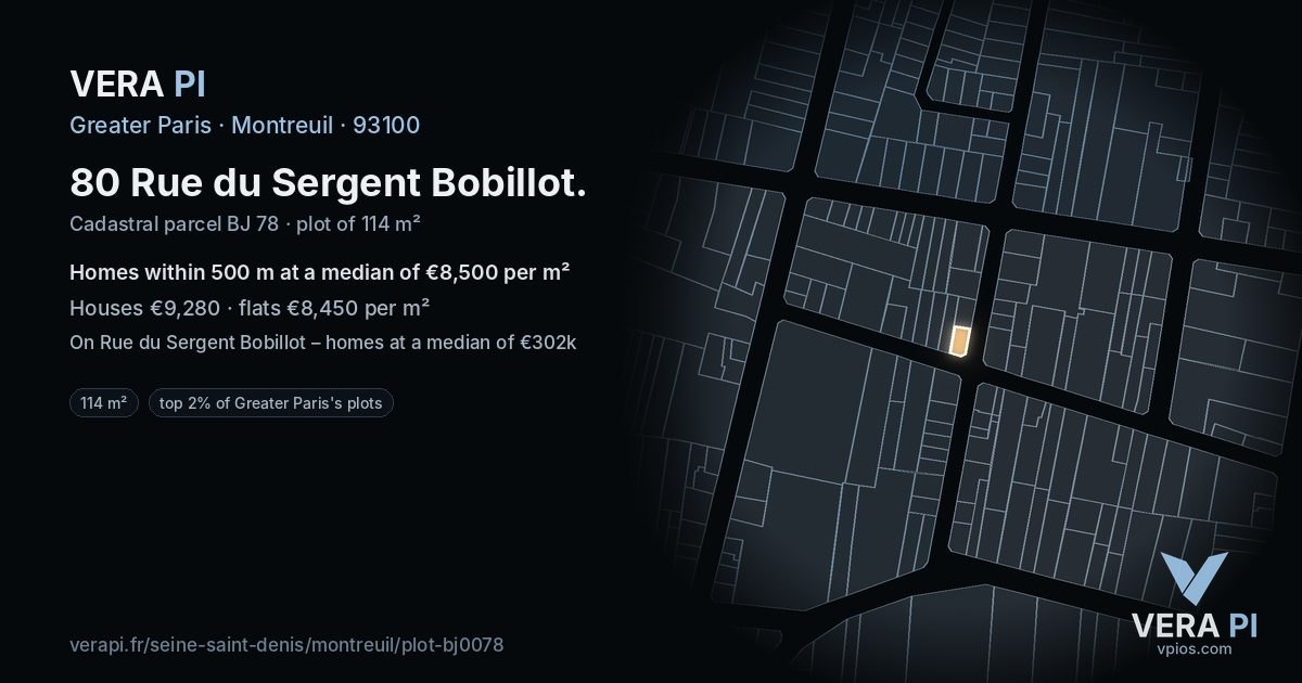 80 Rue du Sergent Bobillot, Montreuil at night – the plot lit, the parcels around coloured by the prices near them