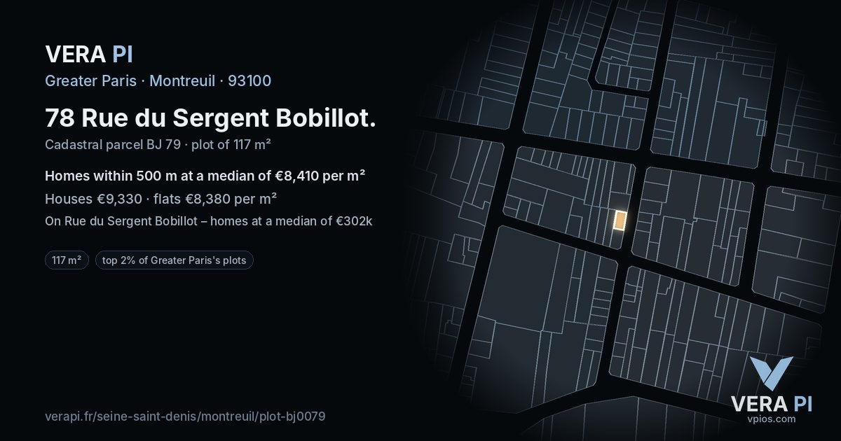 78 Rue du Sergent Bobillot, Montreuil at night – the plot lit, the parcels around coloured by the prices near them