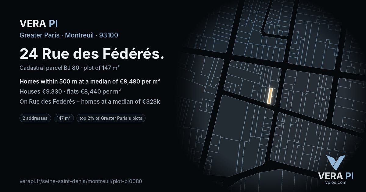 24 Rue des Fédérés, Montreuil at night – the plot lit, the parcels around coloured by the prices near them