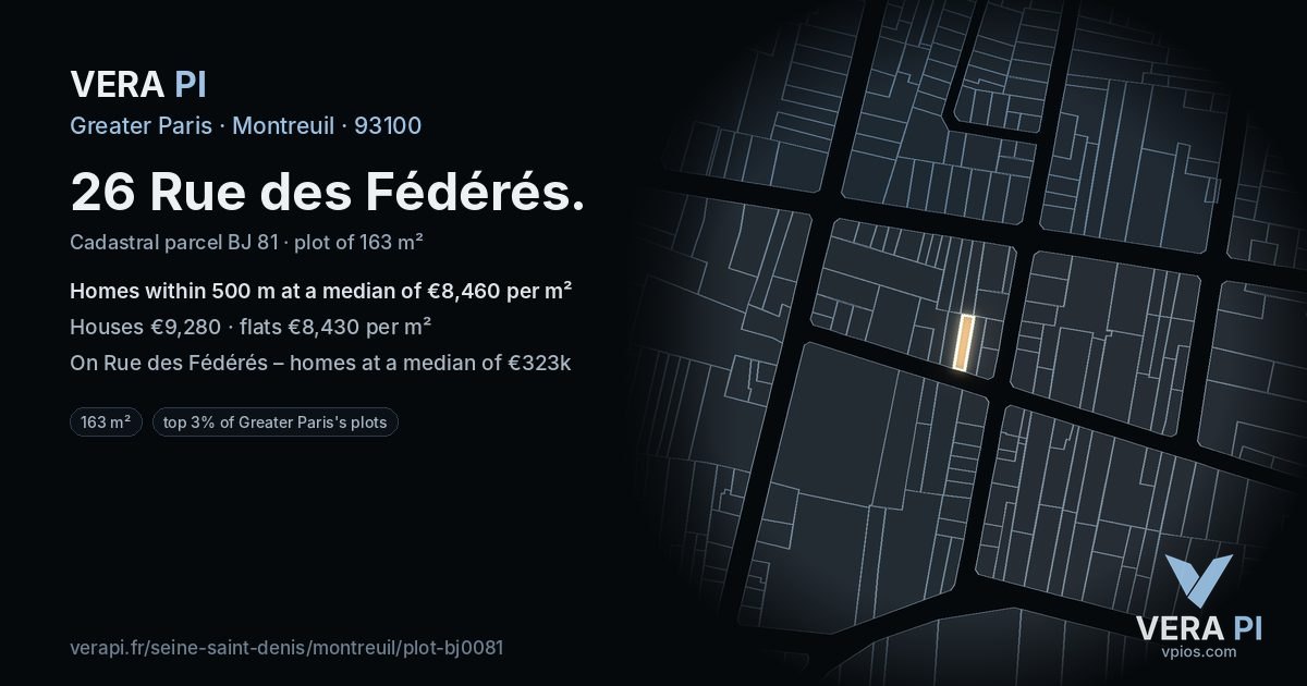 26 Rue des Fédérés, Montreuil at night – the plot lit, the parcels around coloured by the prices near them