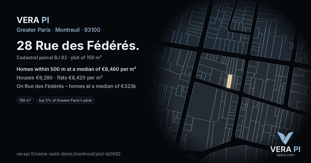 28 Rue des Fédérés, Montreuil at night – the plot lit, the parcels around coloured by the prices near them
