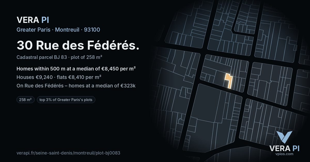 30 Rue des Fédérés, Montreuil at night – the plot lit, the parcels around coloured by the prices near them