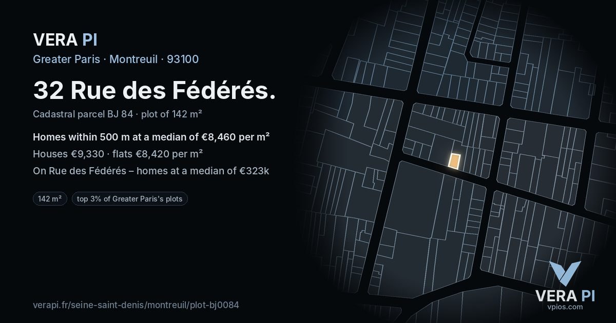 32 Rue des Fédérés, Montreuil at night – the plot lit, the parcels around coloured by the prices near them