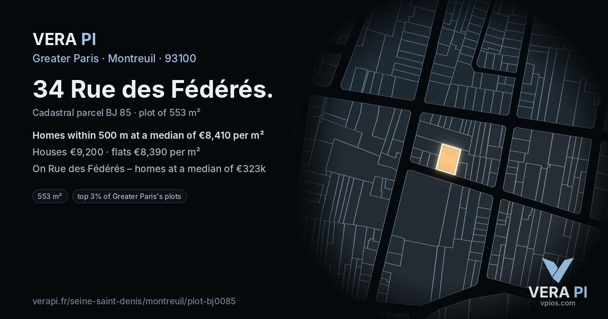 34 Rue des Fédérés, Montreuil at night – the plot lit, the parcels around coloured by the prices near them