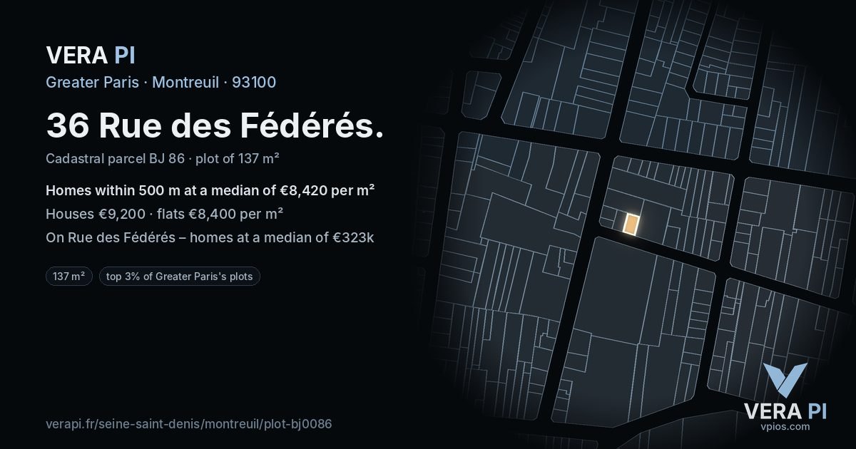 36 Rue des Fédérés, Montreuil at night – the plot lit, the parcels around coloured by the prices near them