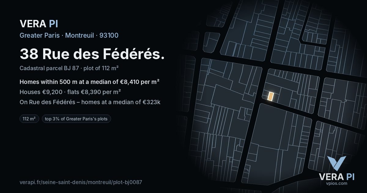 38 Rue des Fédérés, Montreuil at night – the plot lit, the parcels around coloured by the prices near them