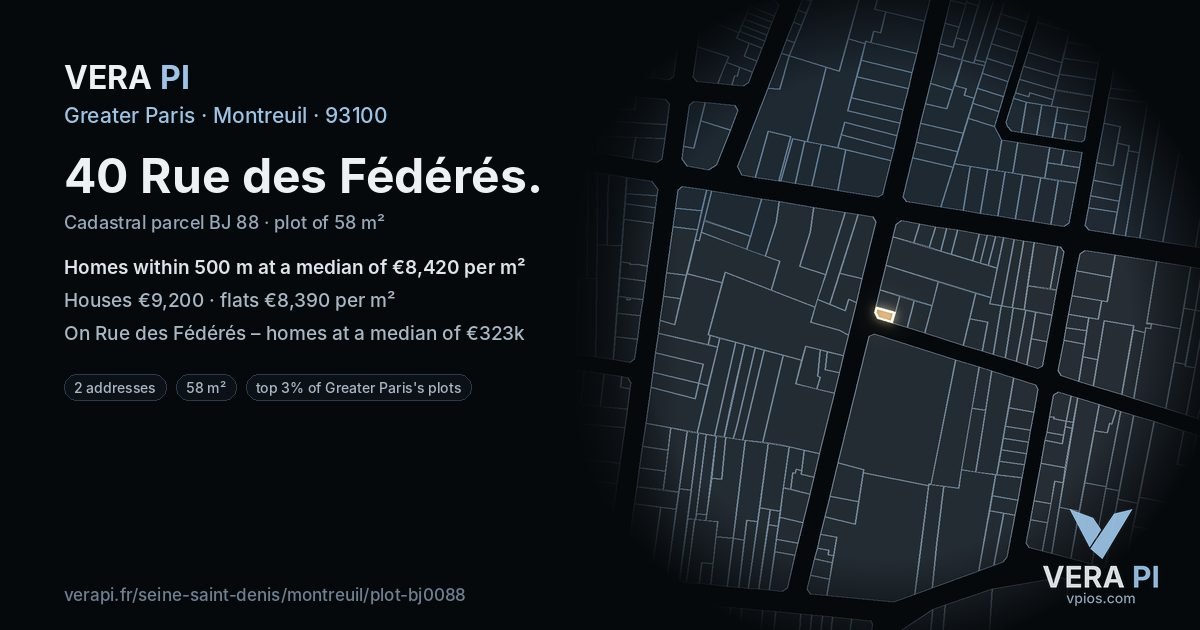 40 Rue des Fédérés, Montreuil at night – the plot lit, the parcels around coloured by the prices near them