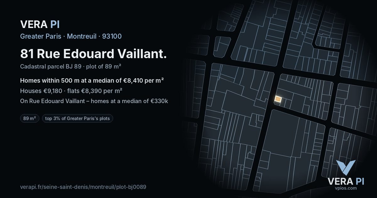 81 Rue Edouard Vaillant, Montreuil at night – the plot lit, the parcels around coloured by the prices near them