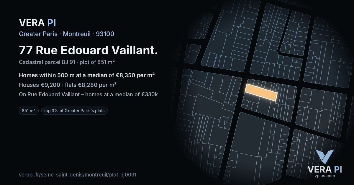 77 Rue Edouard Vaillant, Montreuil at night – the plot lit, the parcels around coloured by the prices near them