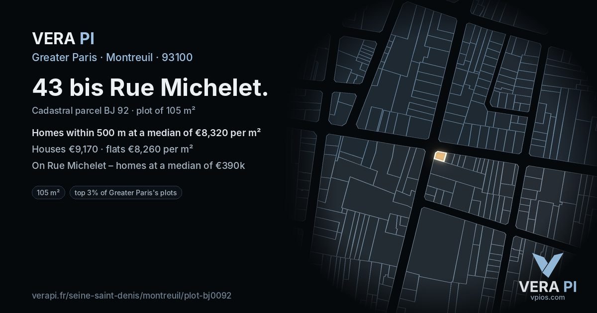 43 bis Rue Michelet, Montreuil at night – the plot lit, the parcels around coloured by the prices near them