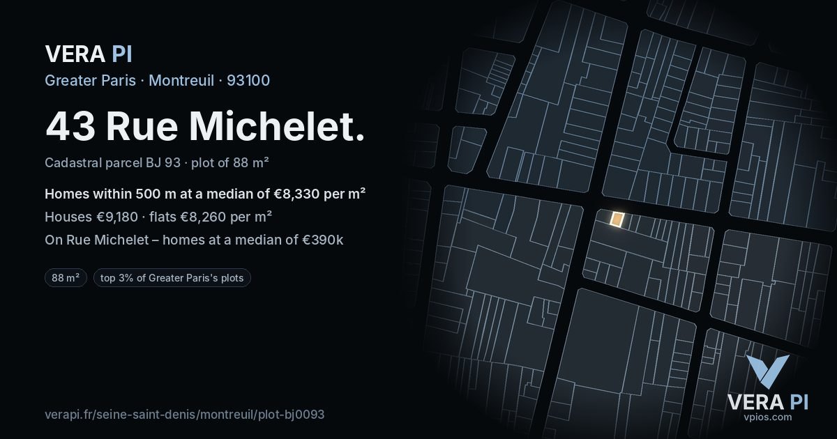 43 Rue Michelet, Montreuil at night – the plot lit, the parcels around coloured by the prices near them