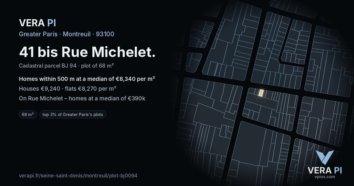 41 bis Rue Michelet, Montreuil at night – the plot lit, the parcels around coloured by the prices near them