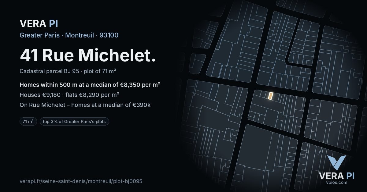 41 Rue Michelet, Montreuil at night – the plot lit, the parcels around coloured by the prices near them