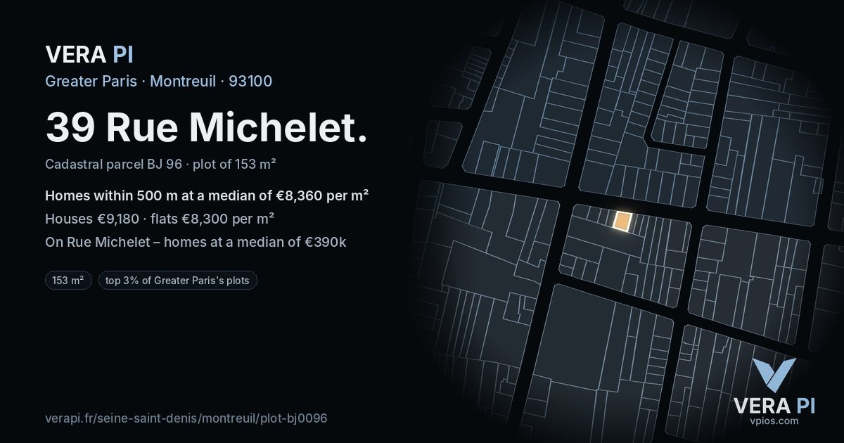 39 Rue Michelet, Montreuil at night – the plot lit, the parcels around coloured by the prices near them