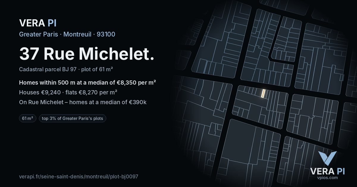 37 Rue Michelet, Montreuil at night – the plot lit, the parcels around coloured by the prices near them