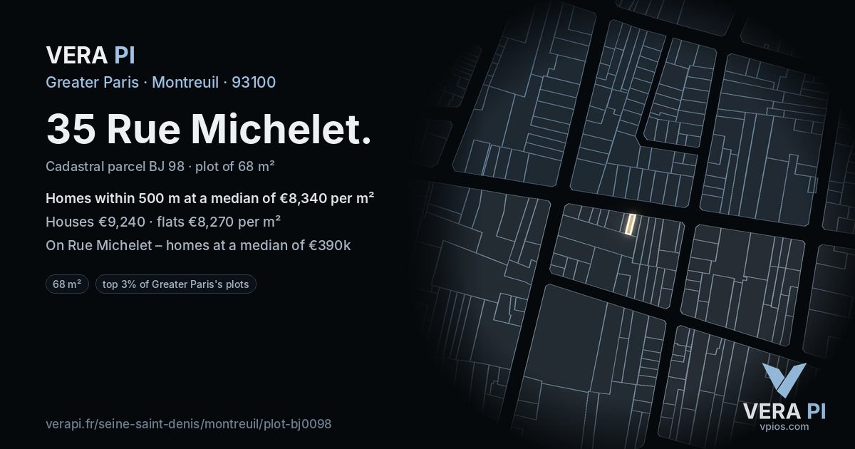 35 Rue Michelet, Montreuil at night – the plot lit, the parcels around coloured by the prices near them
