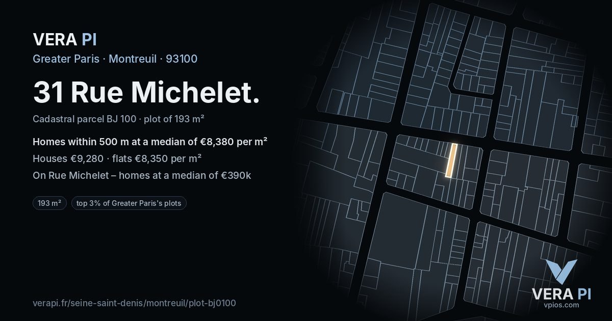31 Rue Michelet, Montreuil at night – the plot lit, the parcels around coloured by the prices near them