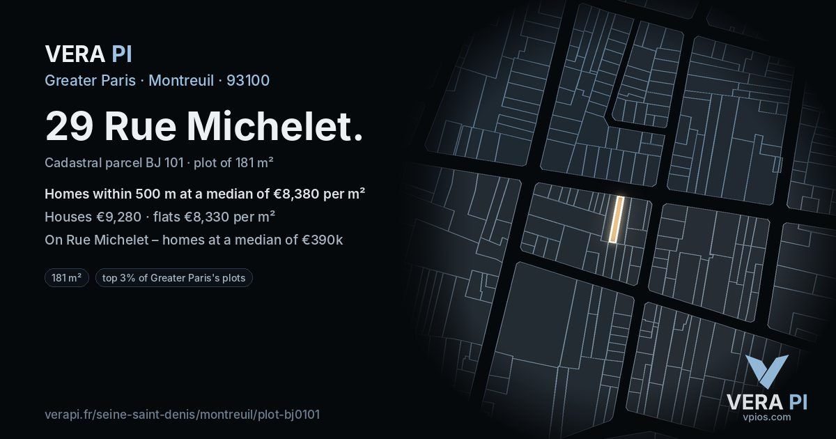 29 Rue Michelet, Montreuil at night – the plot lit, the parcels around coloured by the prices near them