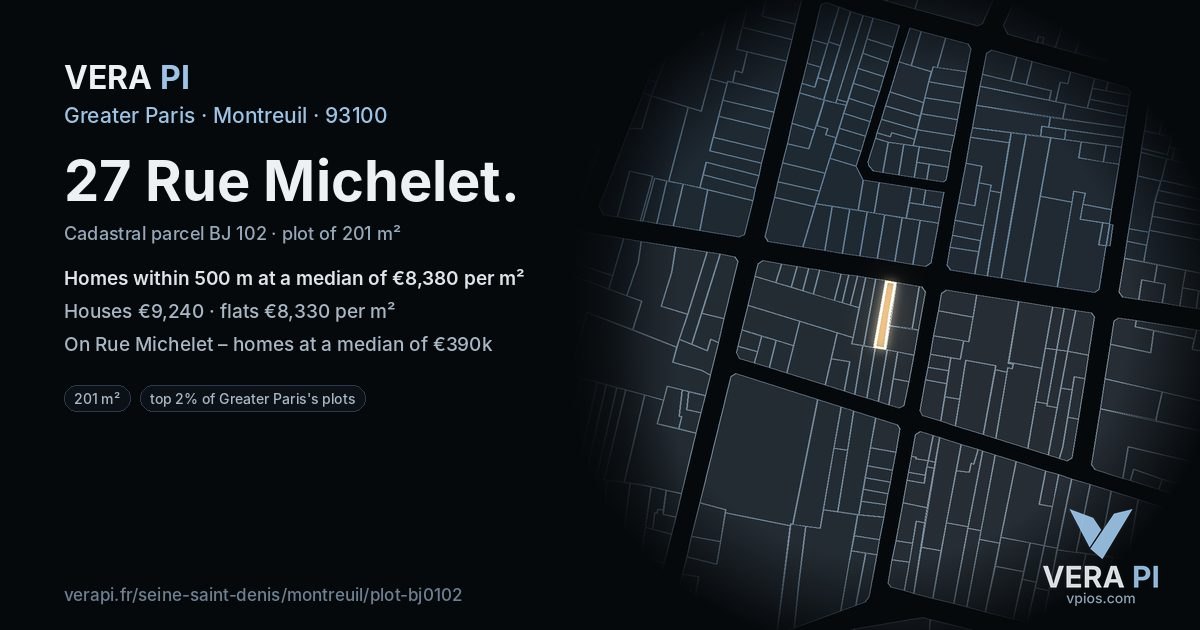 27 Rue Michelet, Montreuil at night – the plot lit, the parcels around coloured by the prices near them