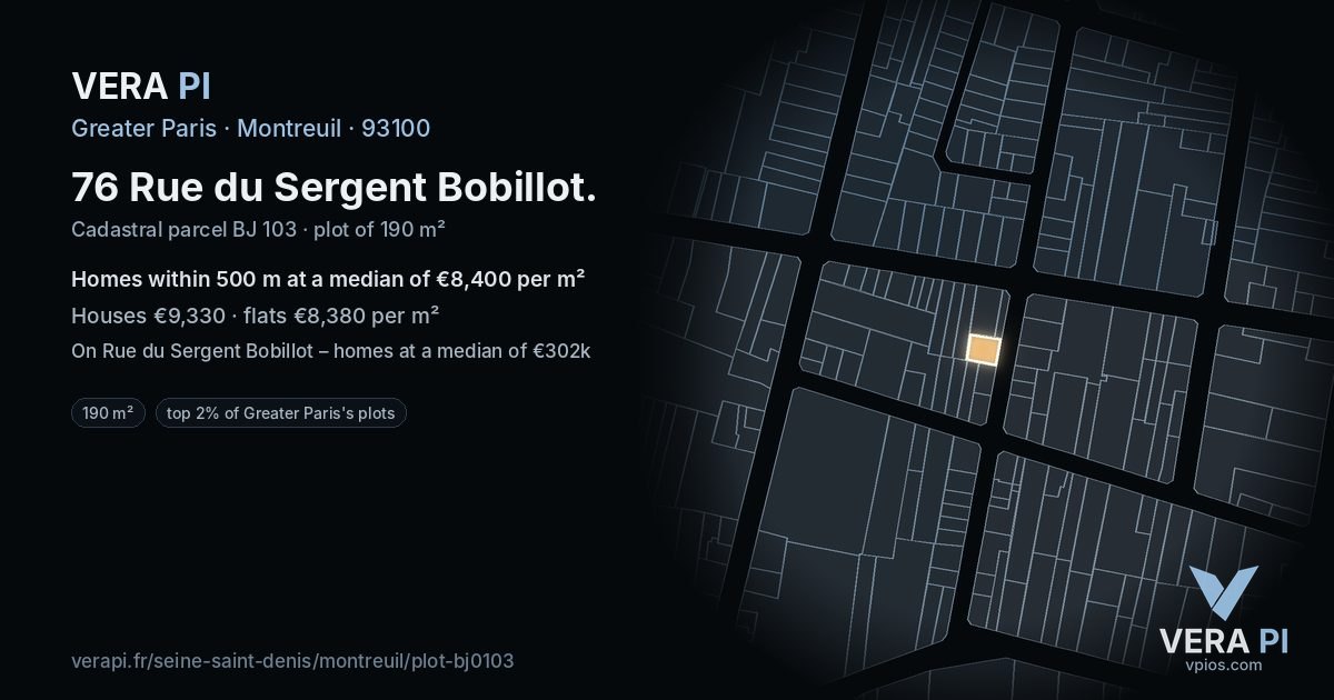 76 Rue du Sergent Bobillot, Montreuil at night – the plot lit, the parcels around coloured by the prices near them