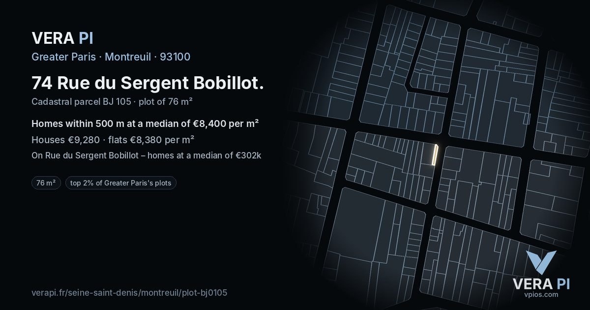 74 Rue du Sergent Bobillot, Montreuil at night – the plot lit, the parcels around coloured by the prices near them