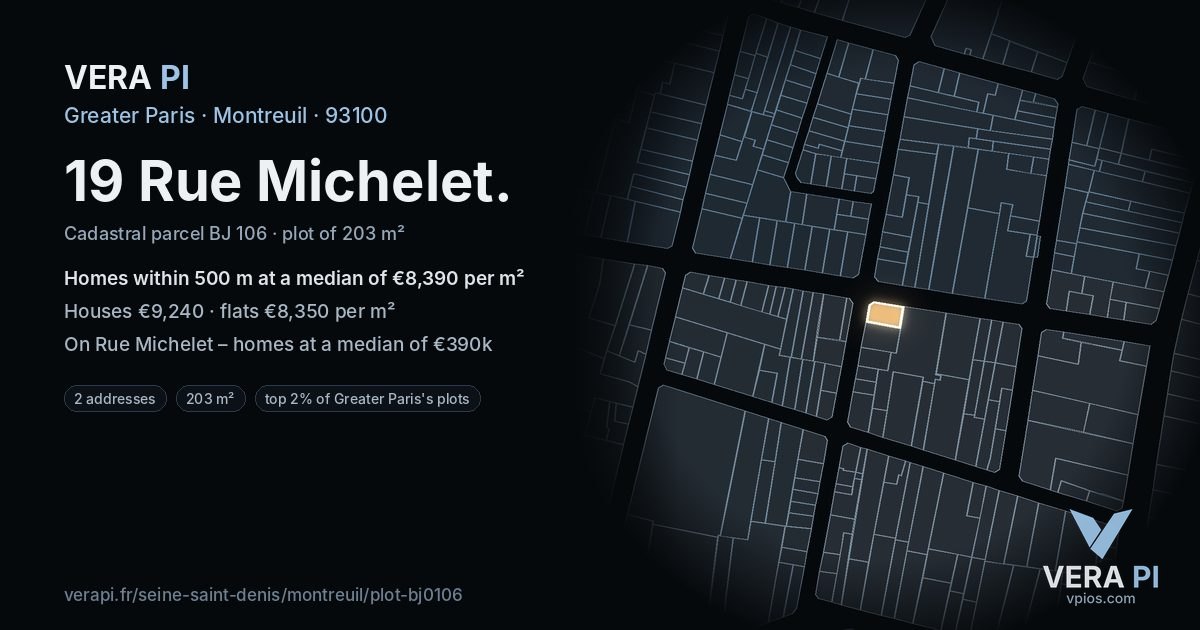 19 Rue Michelet, Montreuil at night – the plot lit, the parcels around coloured by the prices near them