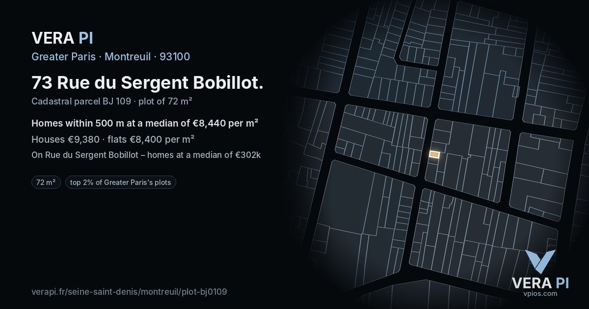 73 Rue du Sergent Bobillot, Montreuil at night – the plot lit, the parcels around coloured by the prices near them