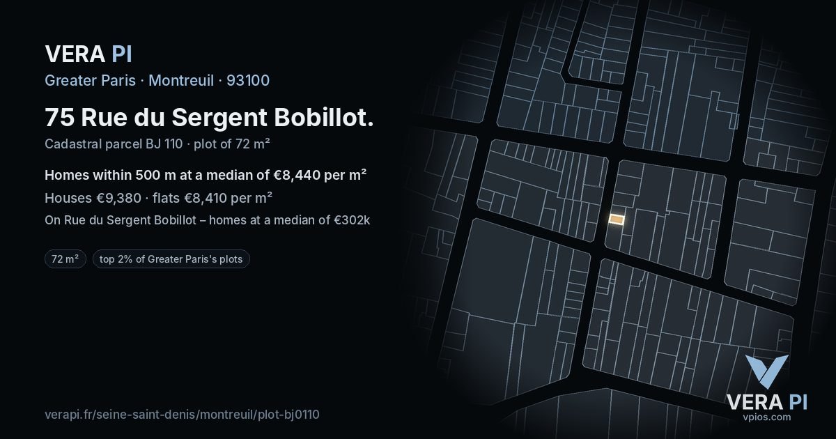 75 Rue du Sergent Bobillot, Montreuil at night – the plot lit, the parcels around coloured by the prices near them