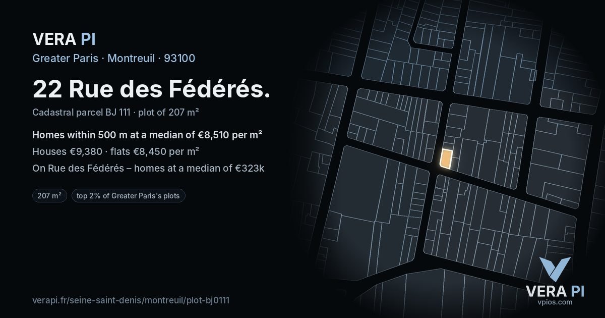 22 Rue des Fédérés, Montreuil at night – the plot lit, the parcels around coloured by the prices near them