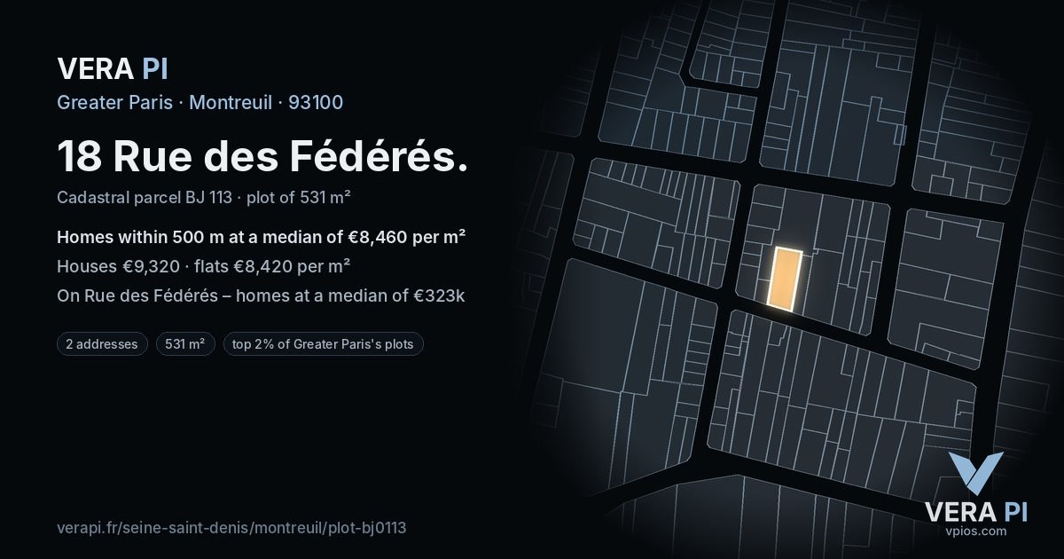 18 Rue des Fédérés, Montreuil at night – the plot lit, the parcels around coloured by the prices near them