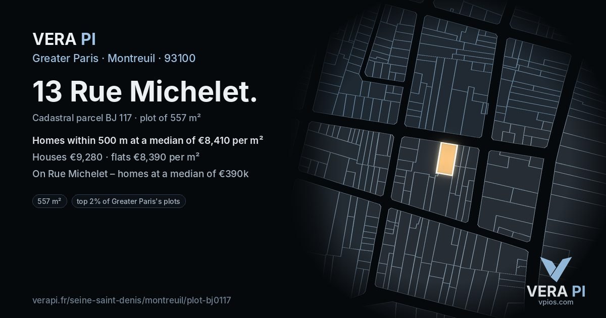 13 Rue Michelet, Montreuil at night – the plot lit, the parcels around coloured by the prices near them