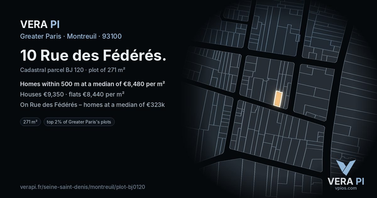 10 Rue des Fédérés, Montreuil at night – the plot lit, the parcels around coloured by the prices near them