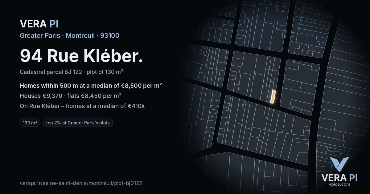 94 Rue Kléber, Montreuil at night – the plot lit, the parcels around coloured by the prices near them